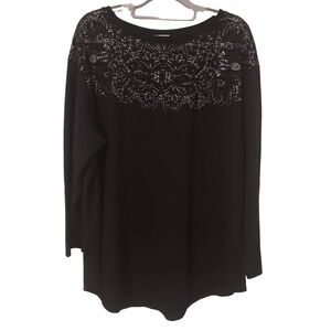 Ava & Viv Black Silver Mesh Chest Womens Blouse 2X